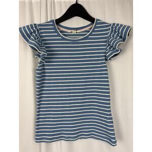Boden Blue White Stripe Ribbed Top Ruffle Sleeve Size 8 Cottage Feminine Coastal